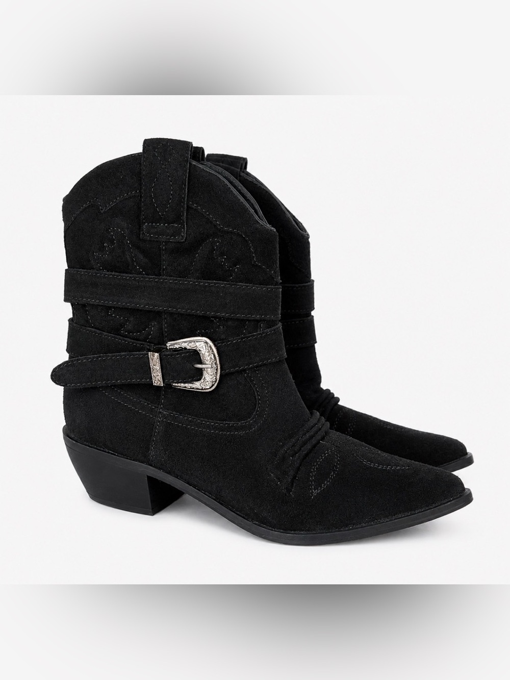 Women's Black Suede Western Ankle Boots with Buckle